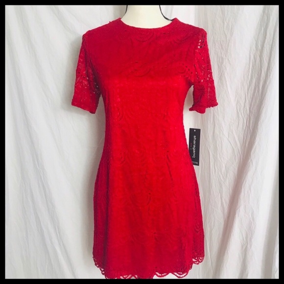 SHARAGANO RED LACE SHORT SLEEVE SHEATH DRESS - Picture 2 of 7